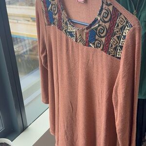 Rust Long Sleeve Top with Patterned Yoke